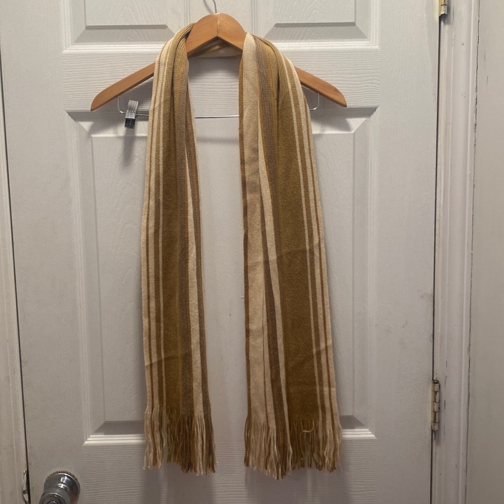 Lambswool brown striped fringe detail wool scarf